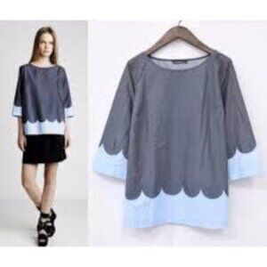 MARIMEKKO Scalloped Short Sleeve Gray Blue Top